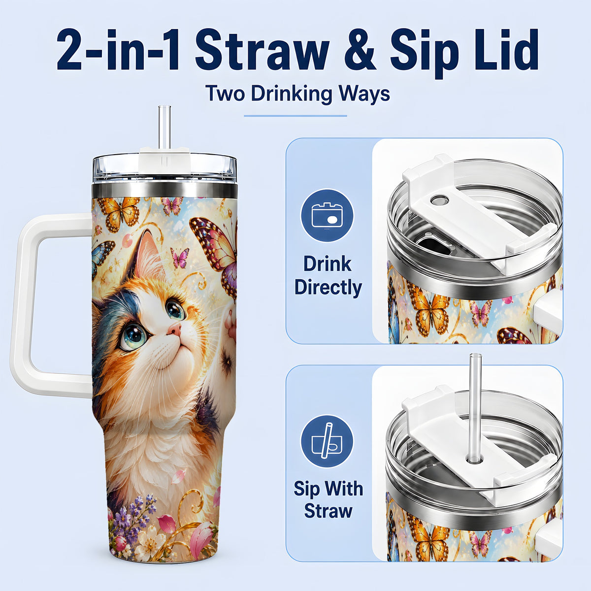 #pl[40oz|White] Calico Cat Butterfly Tumbler, 40oz Tumbler with Floral Garden Artwork