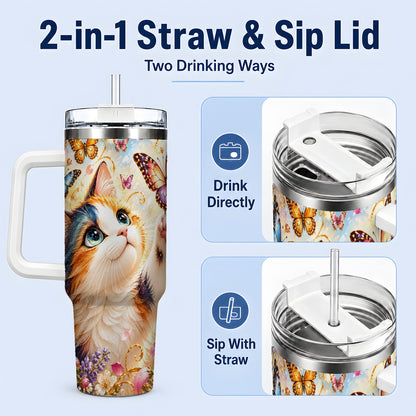 #pl[40oz|White] Calico Cat Butterfly Tumbler, 40oz Tumbler with Floral Garden Artwork