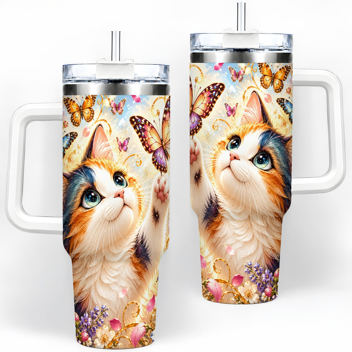 Calico Cat Butterfly Tumbler, 40oz Tumbler with Floral Garden Artwork