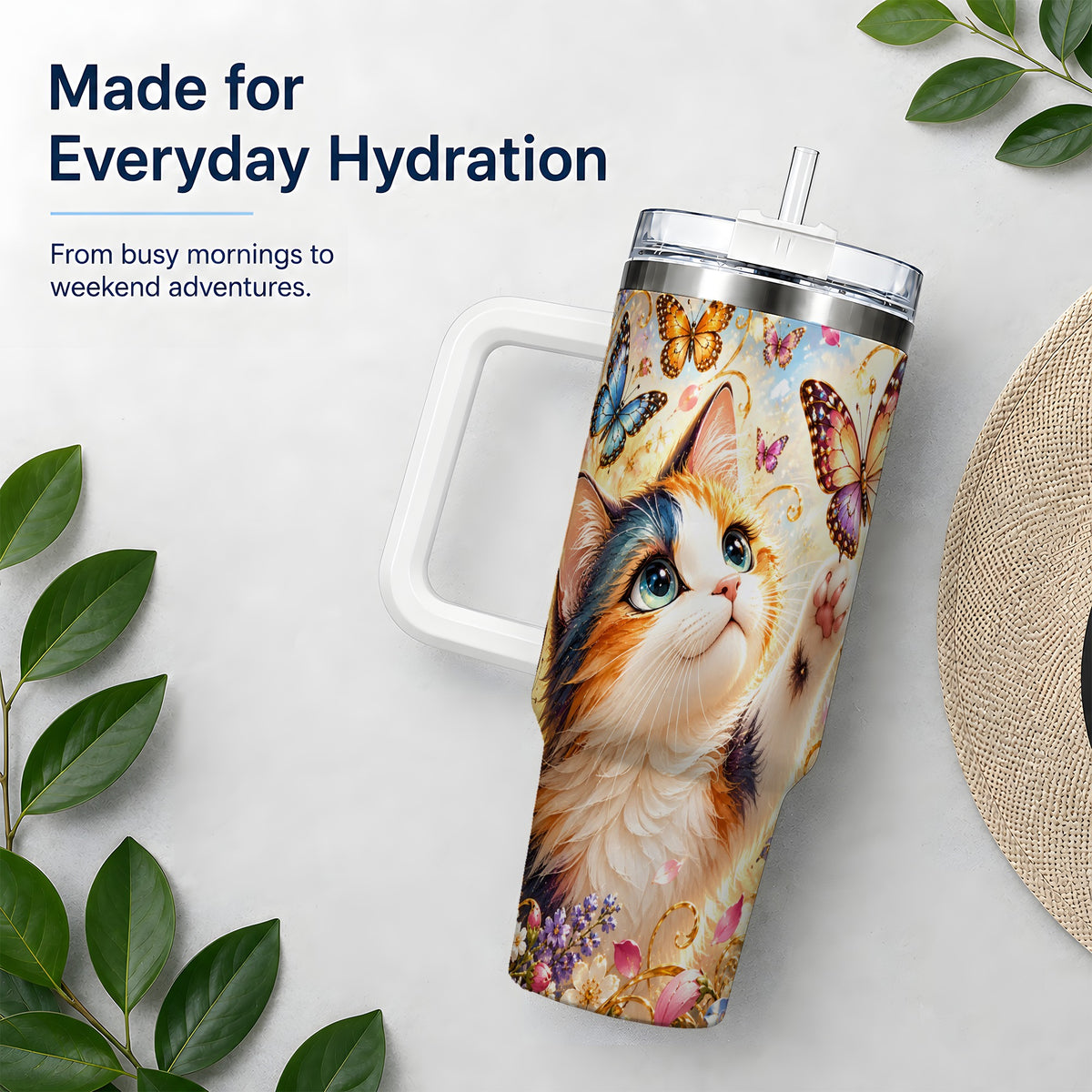 Calico Cat Butterfly Tumbler, 40oz Tumbler with Floral Garden Artwork