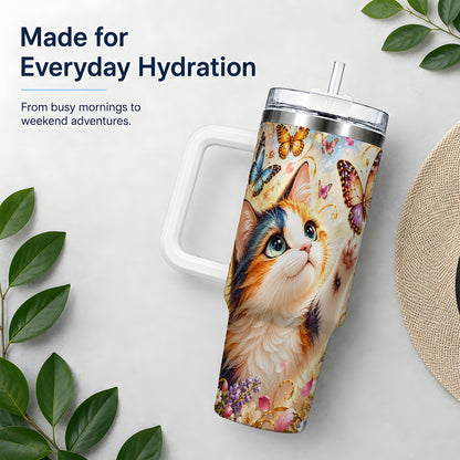 Calico Cat Butterfly Tumbler, 40oz Tumbler with Floral Garden Artwork