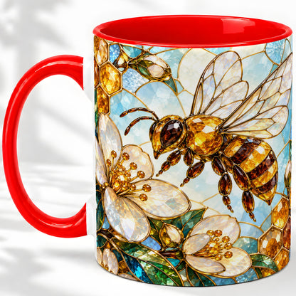 Honey Bee Floral Ceramic Mug, Stained Glass Style Artwork