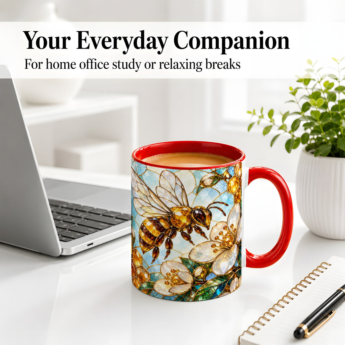 #pl[11oz|Red] Honey Bee Floral Ceramic Mug, Stained Glass Style Artwork