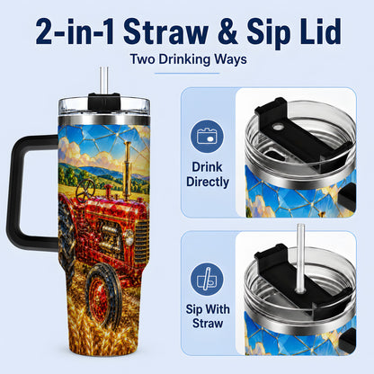 #pl[40oz|Black] Vintage Tractor 40oz Tumbler, Farm Scene Drinkware for Farmers