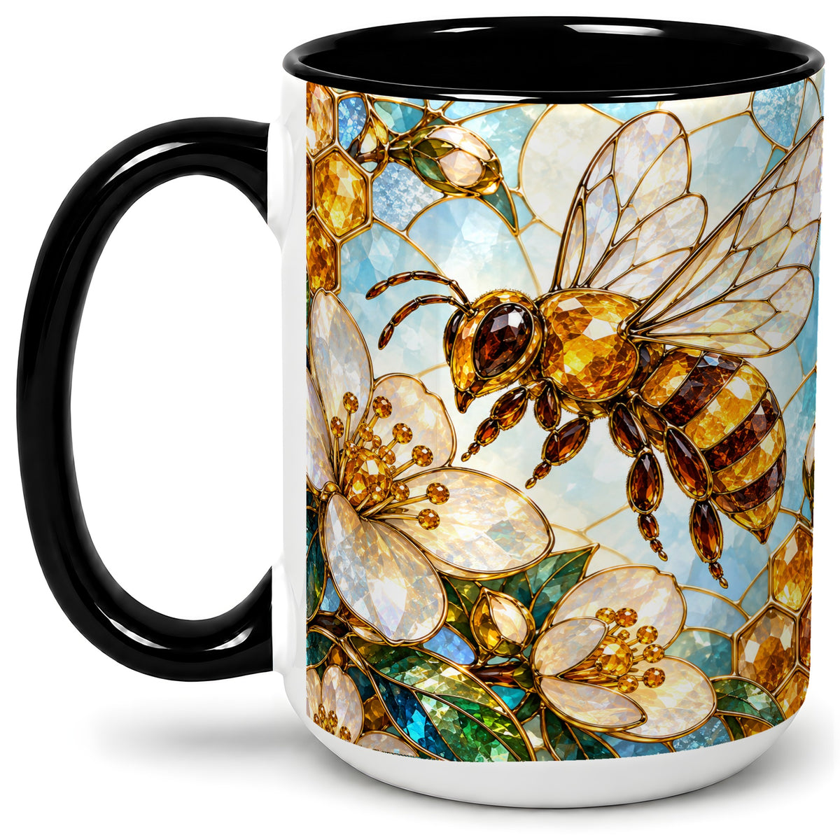 #pl[15oz|Black] Honey Bee Floral Ceramic Mug, Stained Glass Style Artwork