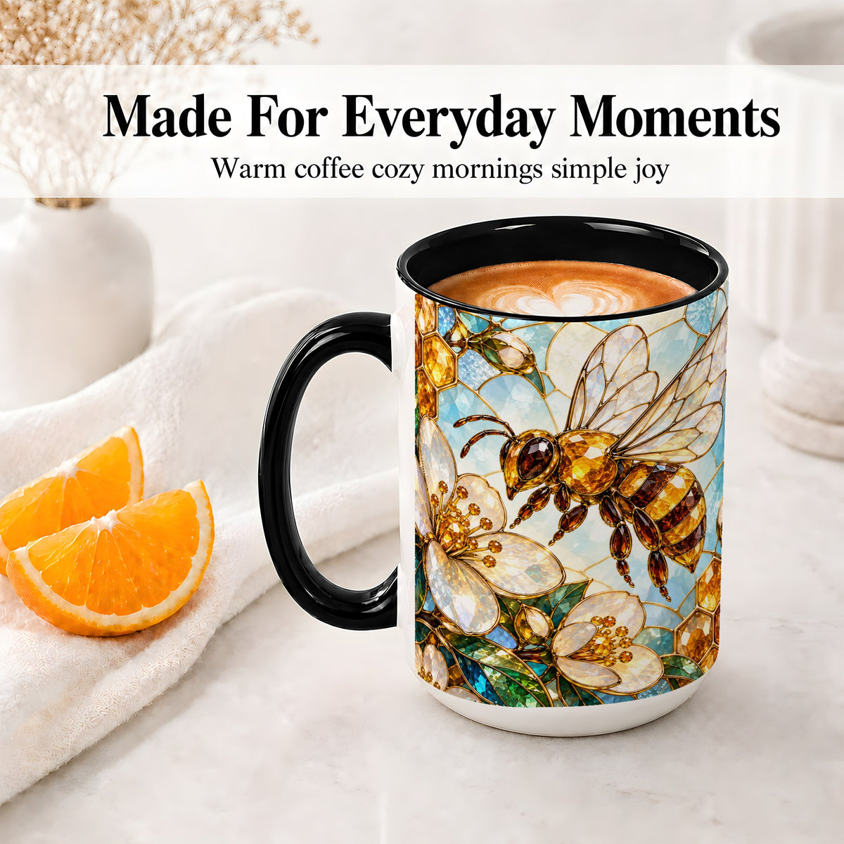 #pl[15oz|Black] Honey Bee Floral Ceramic Mug, Stained Glass Style Artwork