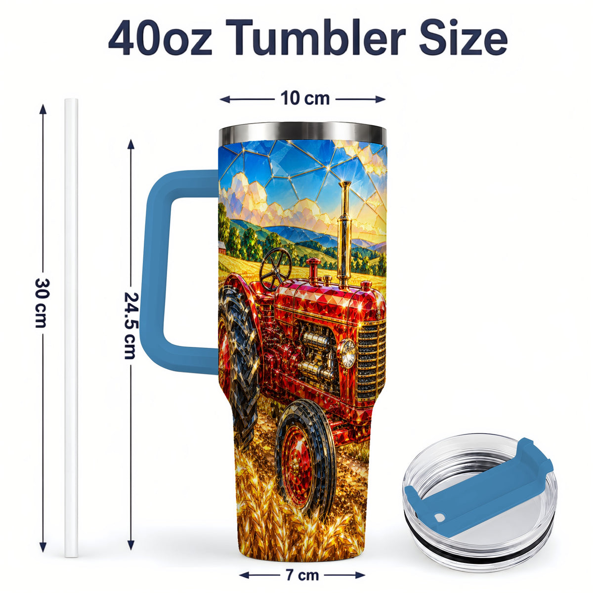 #pl[40oz|Blue] Vintage Tractor 40oz Tumbler, Farm Scene Drinkware for Farmers