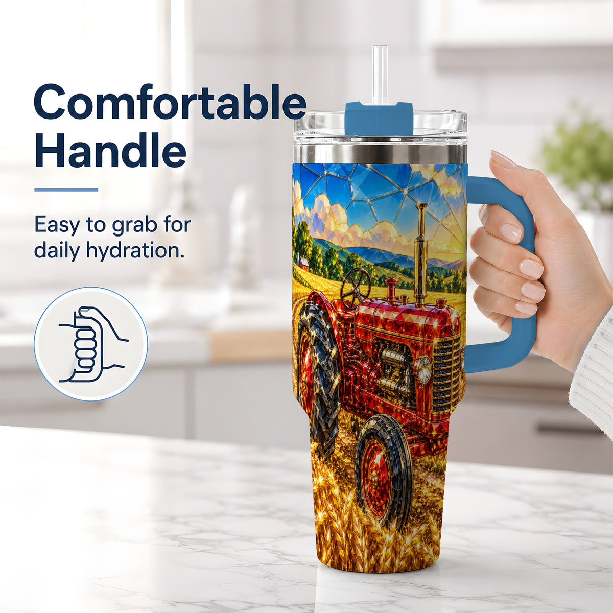 #pl[40oz|Blue] Vintage Tractor 40oz Tumbler, Farm Scene Drinkware for Farmers