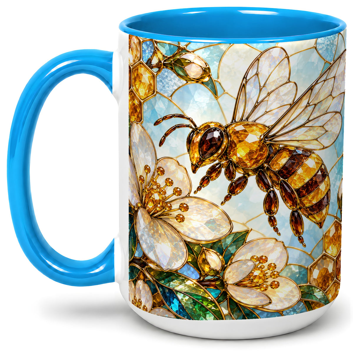#pl[15oz|Blue] Honey Bee Floral Ceramic Mug, Stained Glass Style Artwork