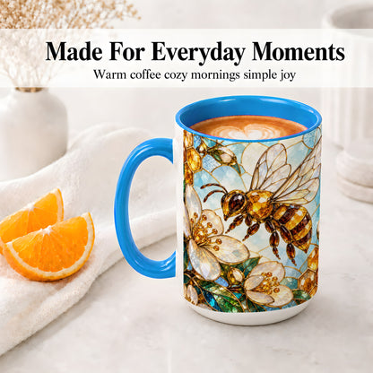 #pl[15oz|Blue] Honey Bee Floral Ceramic Mug, Stained Glass Style Artwork