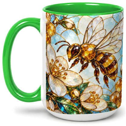 #pl[15oz|Green] Honey Bee Floral Ceramic Mug, Stained Glass Style Artwork