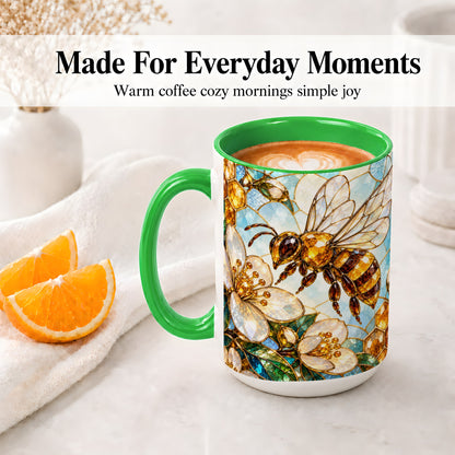 #pl[15oz|Green] Honey Bee Floral Ceramic Mug, Stained Glass Style Artwork