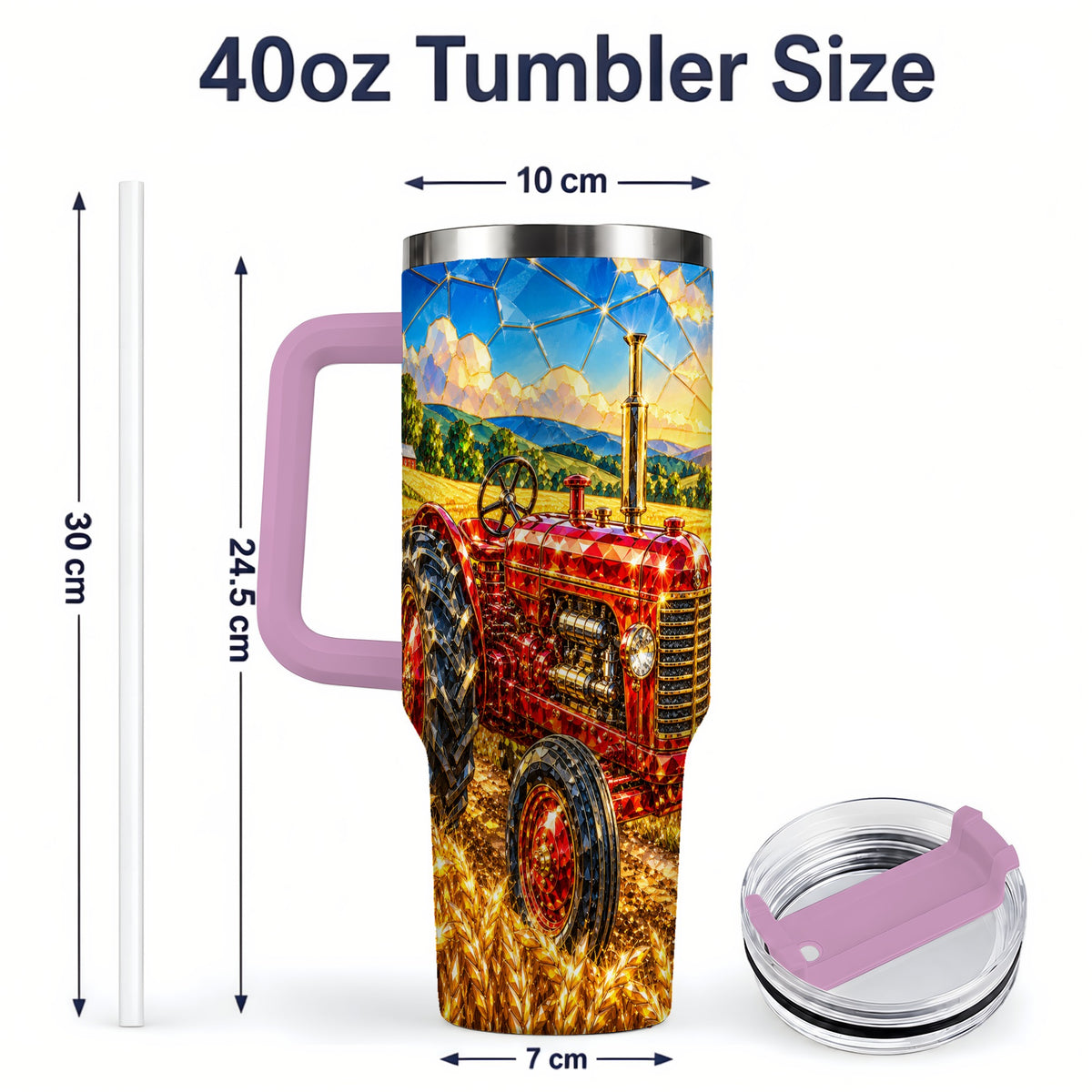 #pl[40oz|Pink] Vintage Tractor 40oz Tumbler, Farm Scene Drinkware for Farmers