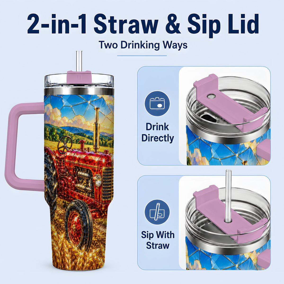 #pl[40oz|Pink] Vintage Tractor 40oz Tumbler, Farm Scene Drinkware for Farmers