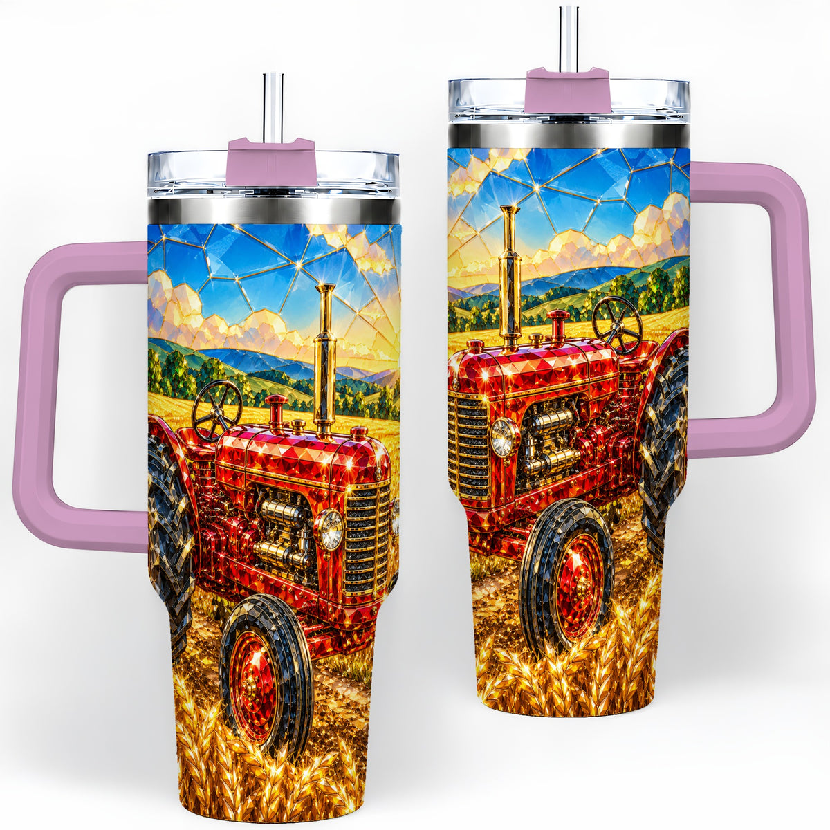 #pl[40oz|Pink] Vintage Tractor 40oz Tumbler, Farm Scene Drinkware for Farmers