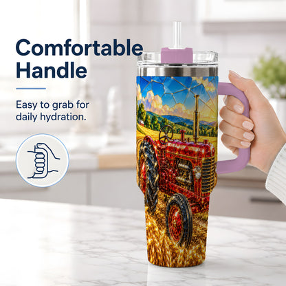 #pl[40oz|Pink] Vintage Tractor 40oz Tumbler, Farm Scene Drinkware for Farmers