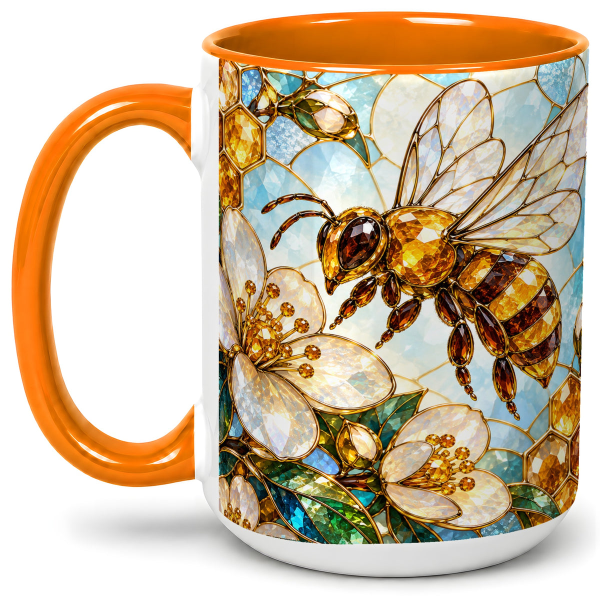 #pl[15oz|Orange] Honey Bee Floral Ceramic Mug, Stained Glass Style Artwork