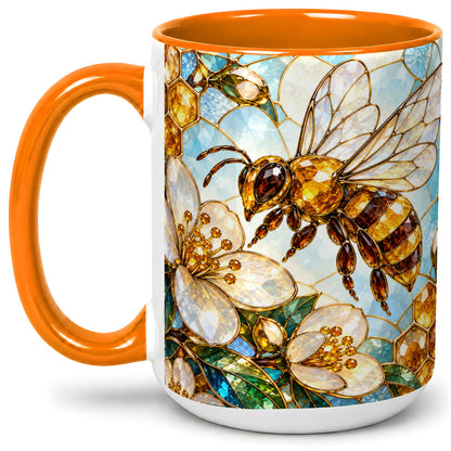 #pl[15oz|Orange] Honey Bee Floral Ceramic Mug, Stained Glass Style Artwork