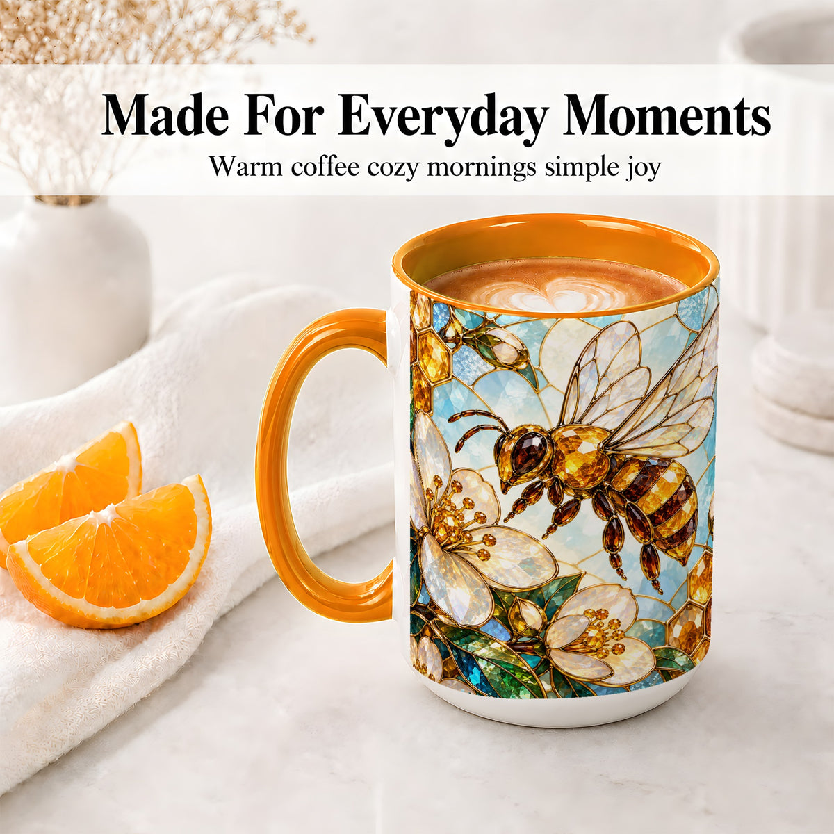 #pl[15oz|Orange] Honey Bee Floral Ceramic Mug, Stained Glass Style Artwork