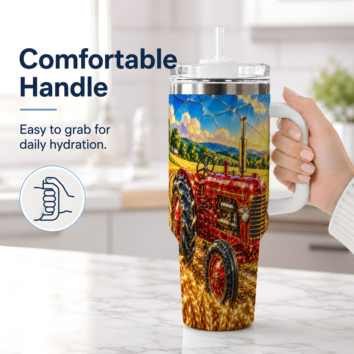 #pl[40oz|White] Vintage Tractor 40oz Tumbler, Farm Scene Drinkware for Farmers