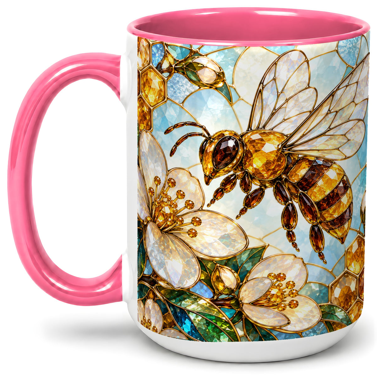 #pl[15oz|Pink] Honey Bee Floral Ceramic Mug, Stained Glass Style Artwork