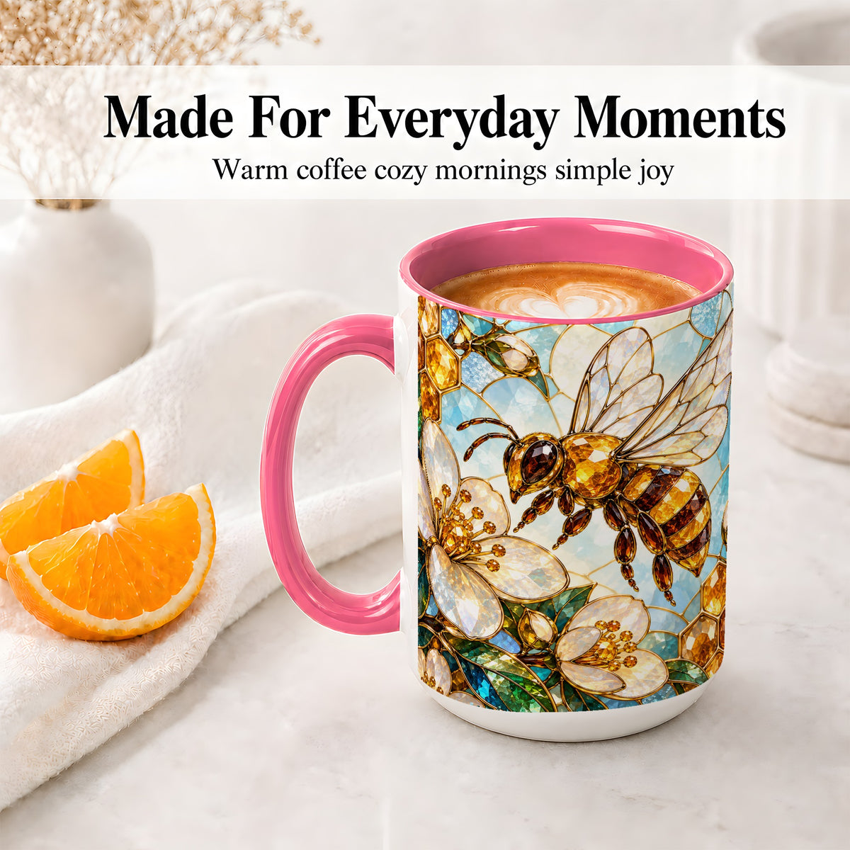 #pl[15oz|Pink] Honey Bee Floral Ceramic Mug, Stained Glass Style Artwork