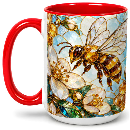 #pl[15oz|Red] Honey Bee Floral Ceramic Mug, Stained Glass Style Artwork