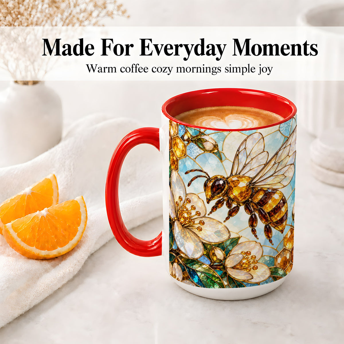 #pl[15oz|Red] Honey Bee Floral Ceramic Mug, Stained Glass Style Artwork