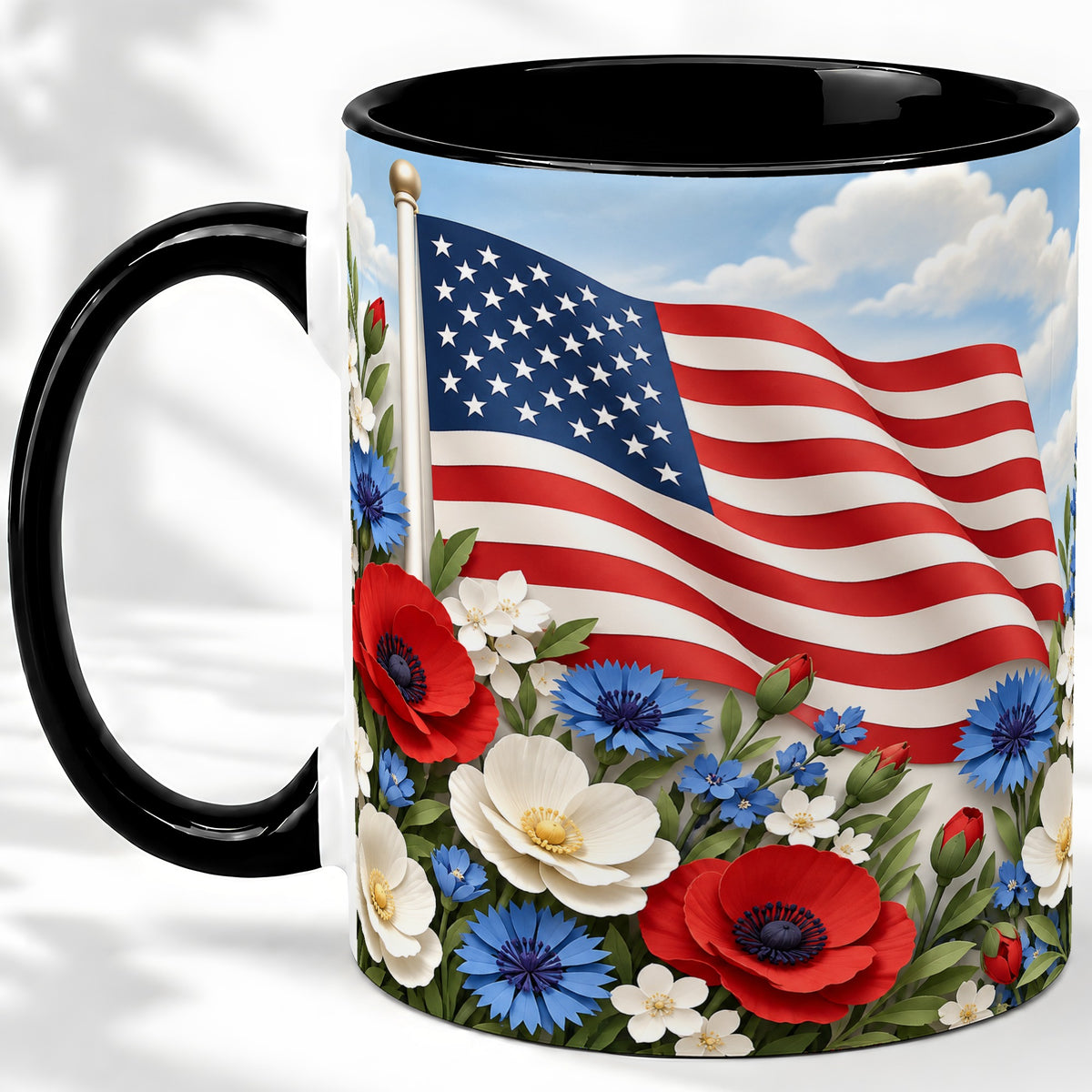 #pl[11oz|Black] American Flag Floral Ceramic Mug, Red White Blue Artwork