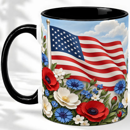 #pl[11oz|Black] American Flag Floral Ceramic Mug, Red White Blue Artwork