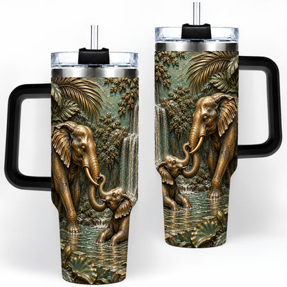 #pl[40oz|Black] Elephant Family 40oz Tumbler, Bronze Style Jungle Artwork