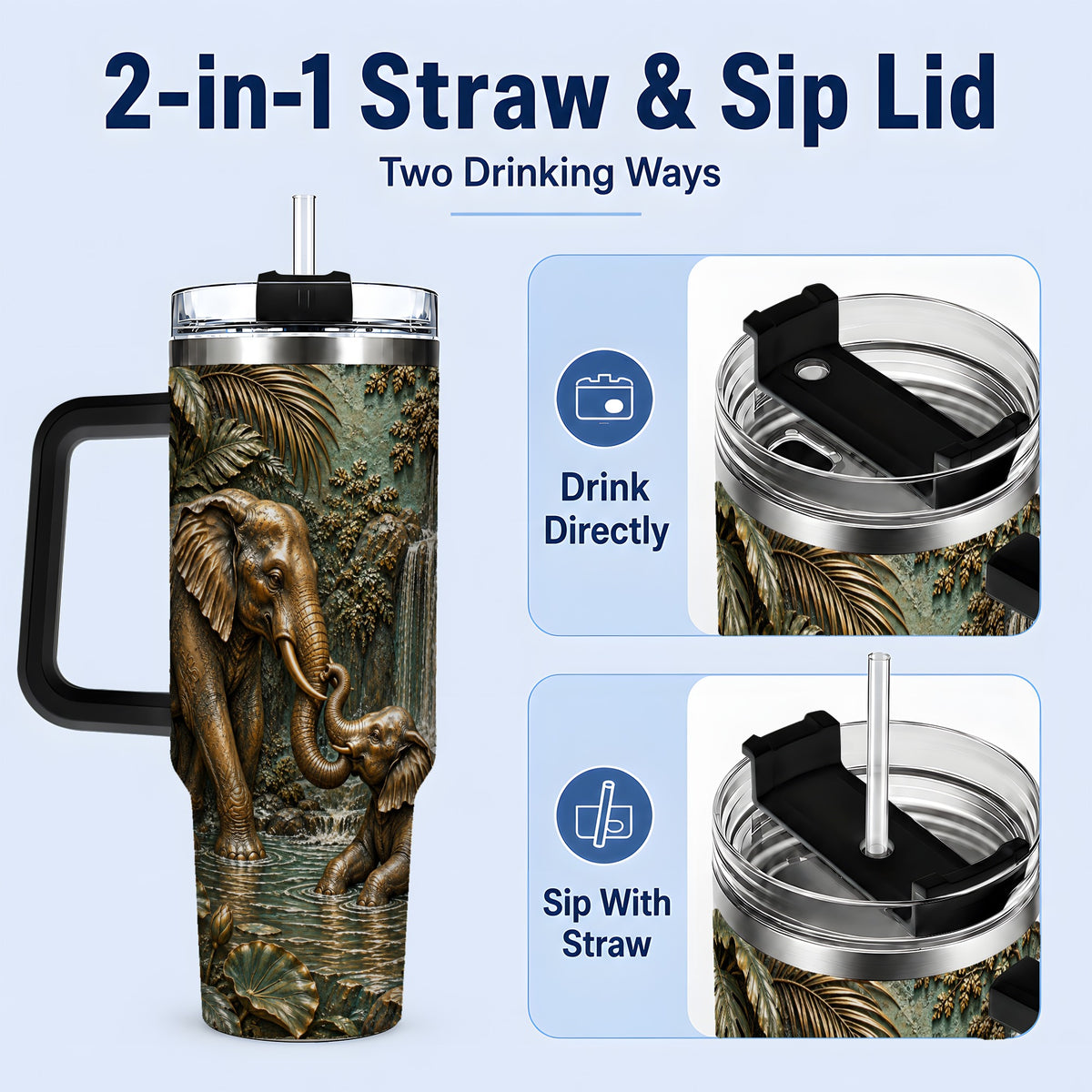 #pl[40oz|Black] Elephant Family 40oz Tumbler, Bronze Style Jungle Artwork