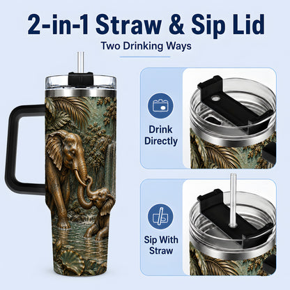 #pl[40oz|Black] Elephant Family 40oz Tumbler, Bronze Style Jungle Artwork