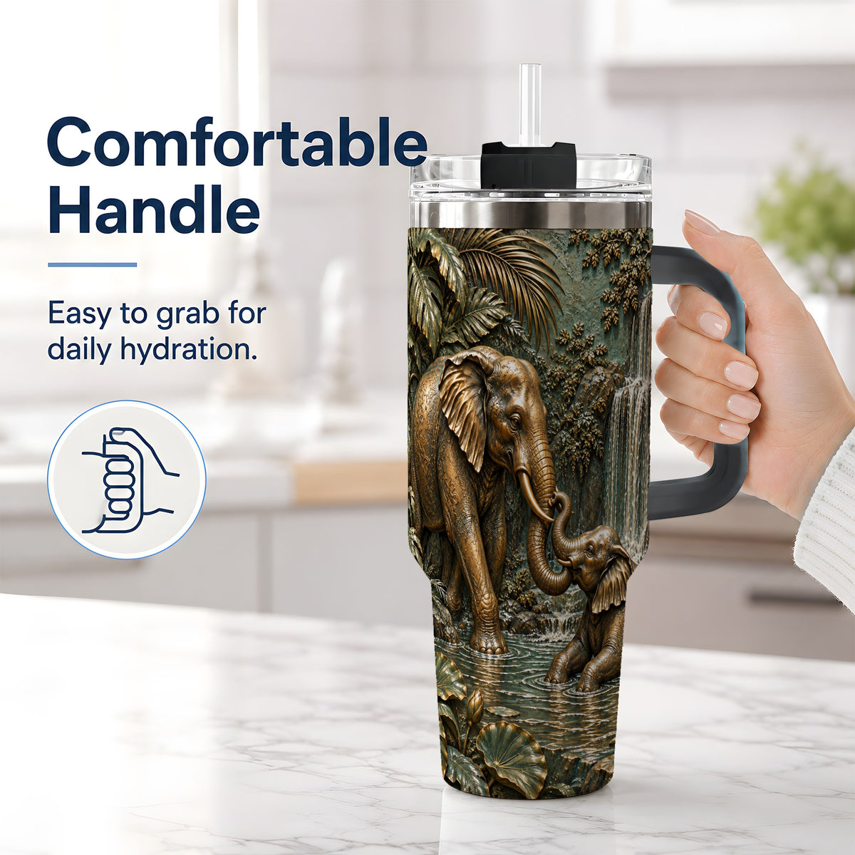 #pl[40oz|Black] Elephant Family 40oz Tumbler, Bronze Style Jungle Artwork