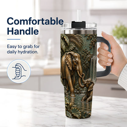 #pl[40oz|Black] Elephant Family 40oz Tumbler, Bronze Style Jungle Artwork