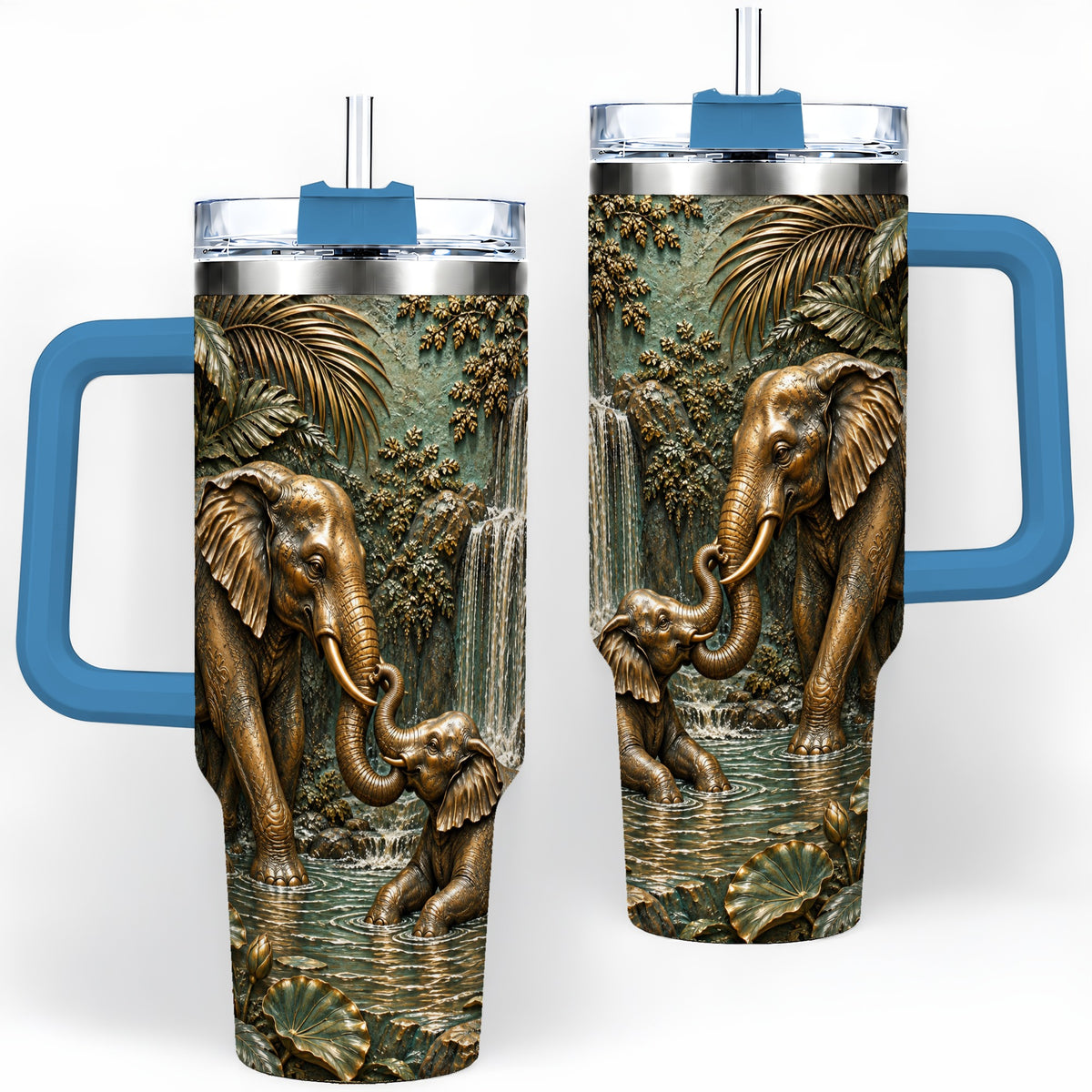 #pl[40oz|Blue] Elephant Family 40oz Tumbler, Bronze Style Jungle Artwork