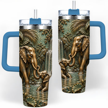 #pl[40oz|Blue] Elephant Family 40oz Tumbler, Bronze Style Jungle Artwork