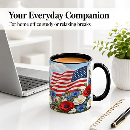 #pl[11oz|Black] American Flag Floral Ceramic Mug, Red White Blue Artwork