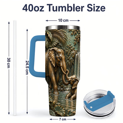 #pl[40oz|Blue] Elephant Family 40oz Tumbler, Bronze Style Jungle Artwork
