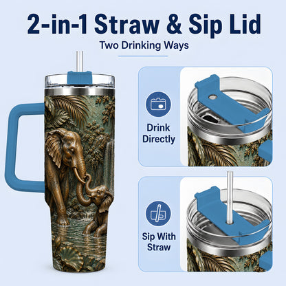 #pl[40oz|Blue] Elephant Family 40oz Tumbler, Bronze Style Jungle Artwork