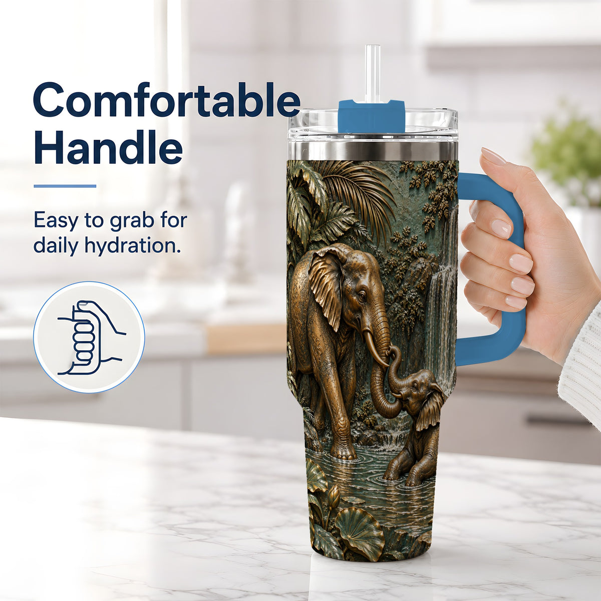 #pl[40oz|Blue] Elephant Family 40oz Tumbler, Bronze Style Jungle Artwork