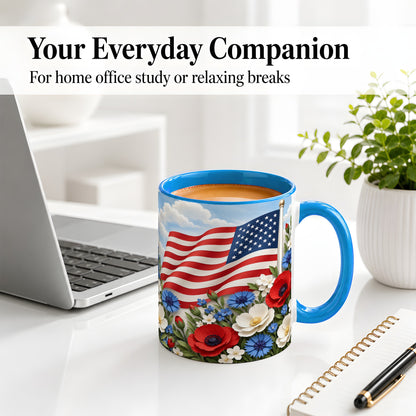 #pl[11oz|Blue] American Flag Floral Ceramic Mug, Red White Blue Artwork