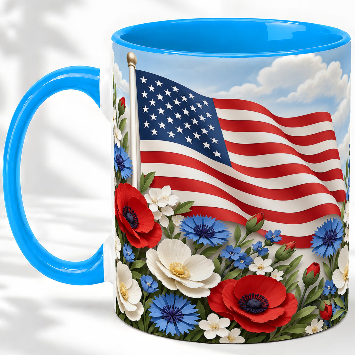 #pl[11oz|Blue] American Flag Floral Ceramic Mug, Red White Blue Artwork