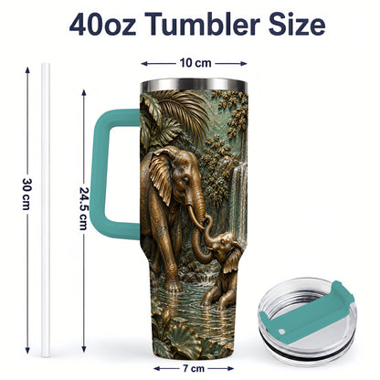 #pl[40oz|Green] Elephant Family 40oz Tumbler, Bronze Style Jungle Artwork