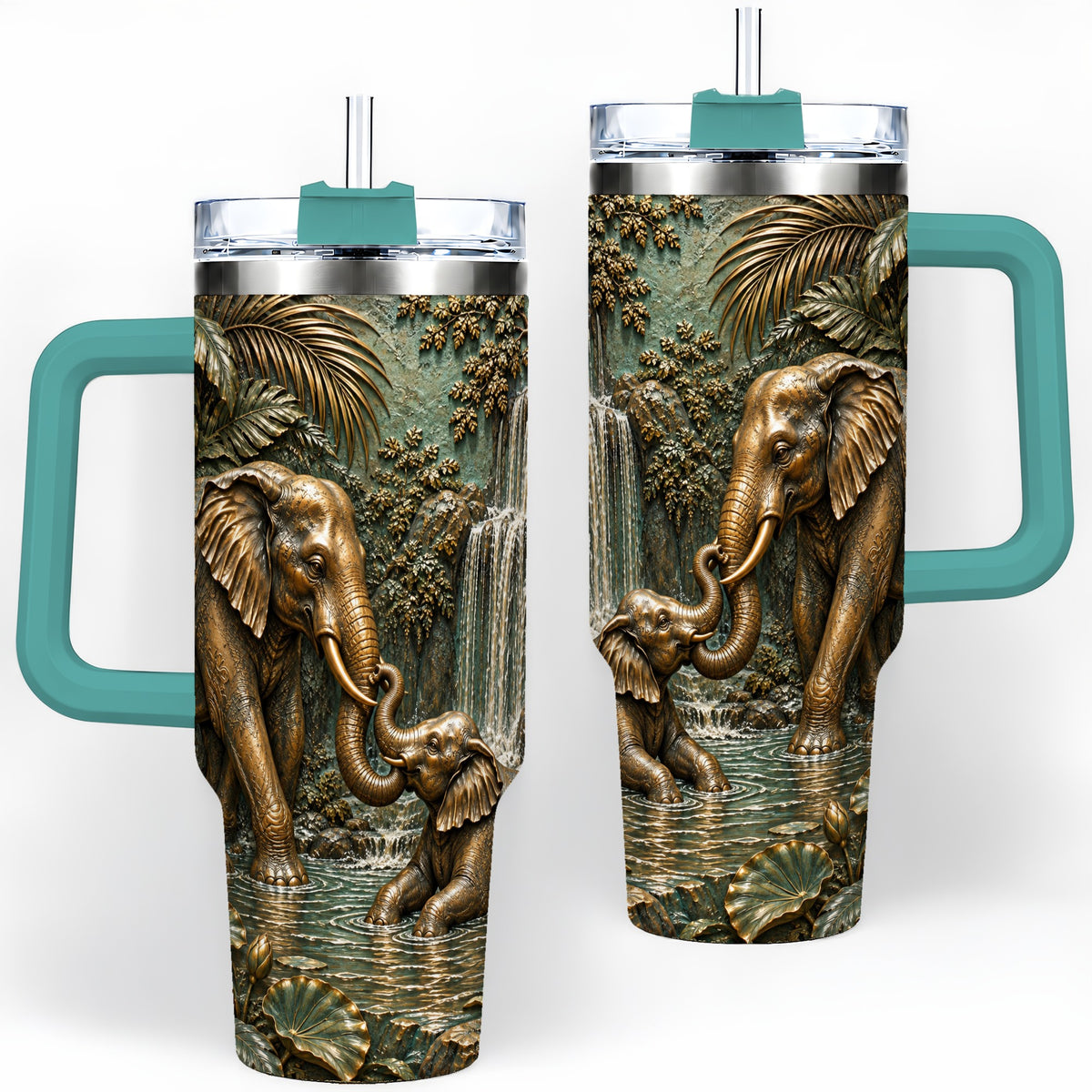 #pl[40oz|Green] Elephant Family 40oz Tumbler, Bronze Style Jungle Artwork