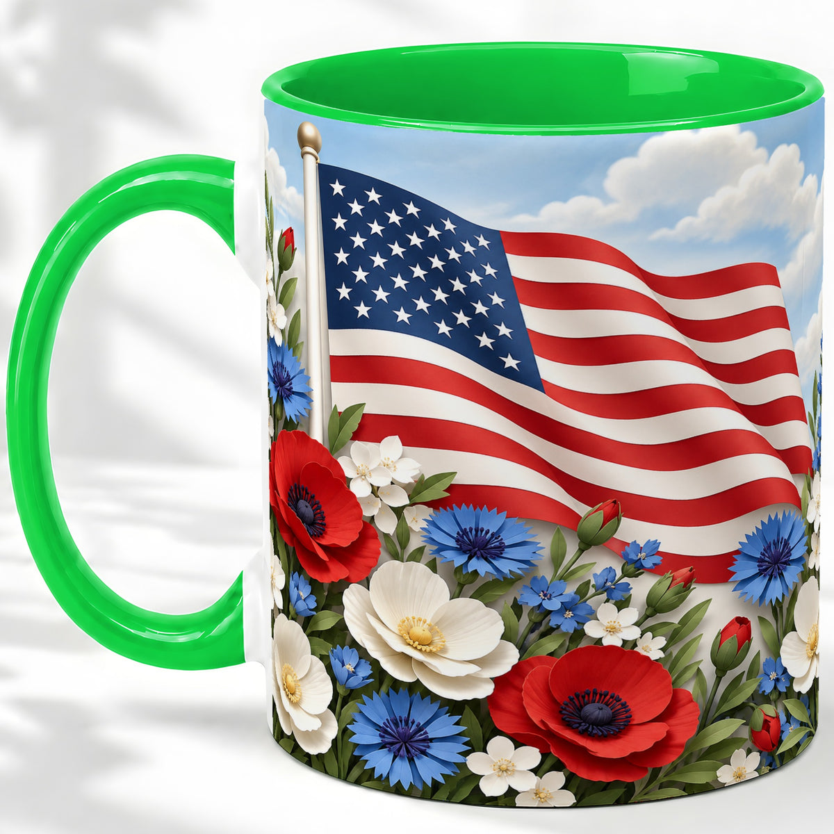 #pl[11oz|Green] American Flag Floral Ceramic Mug, Red White Blue Artwork