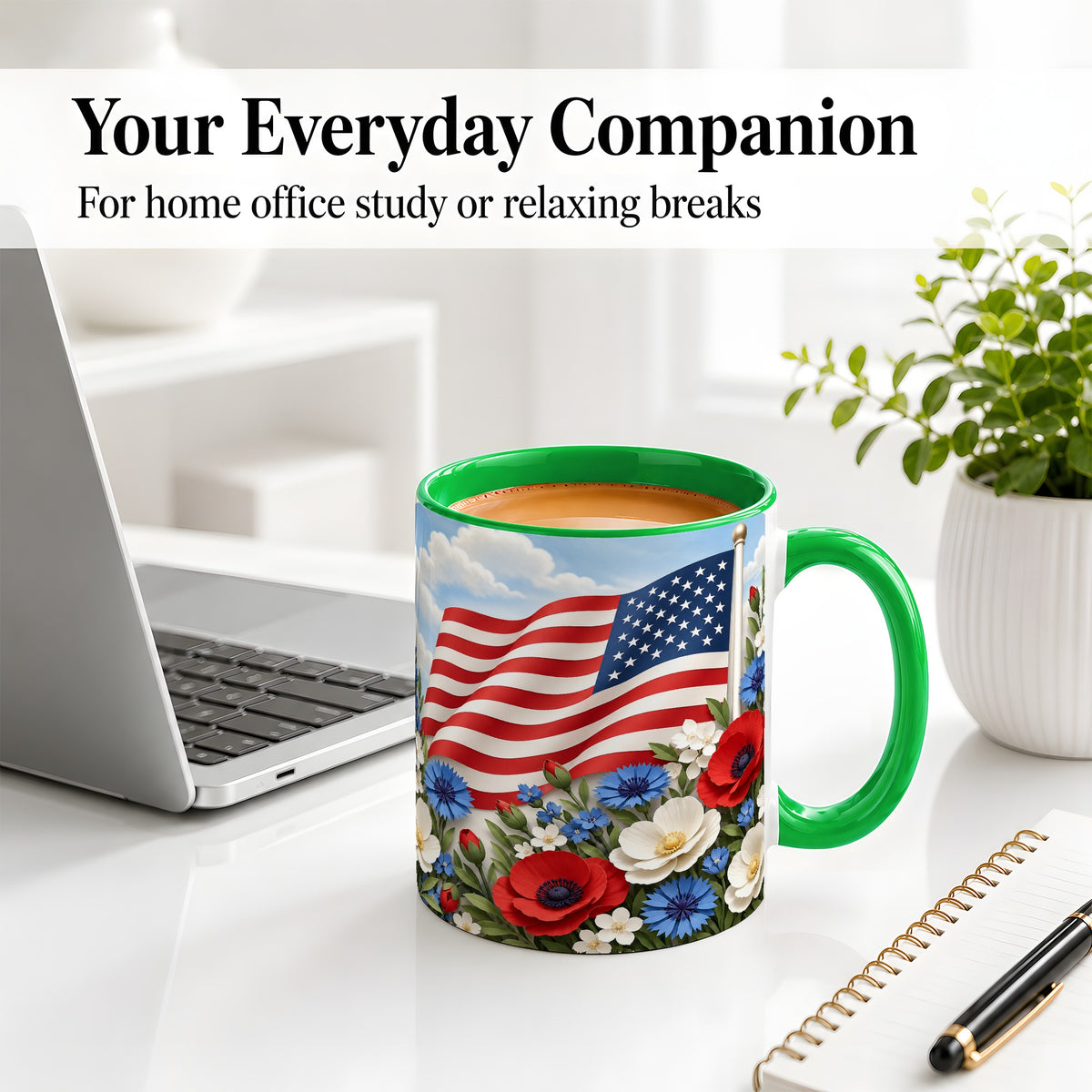 #pl[11oz|Green] American Flag Floral Ceramic Mug, Red White Blue Artwork