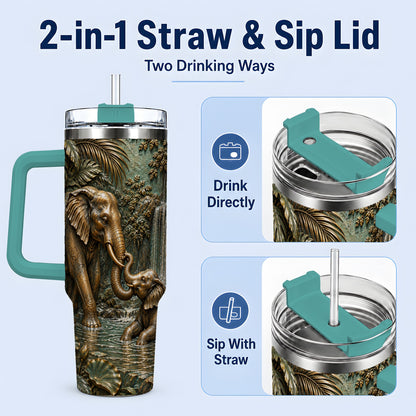 #pl[40oz|Green] Elephant Family 40oz Tumbler, Bronze Style Jungle Artwork