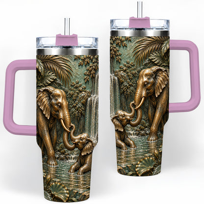 #pl[40oz|Pink] Elephant Family 40oz Tumbler, Bronze Style Jungle Artwork