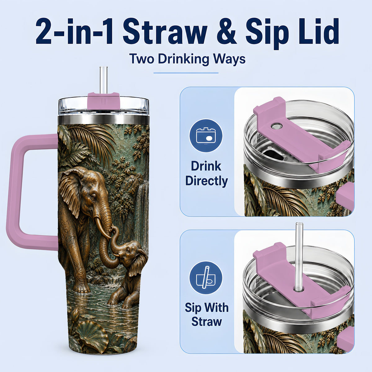 #pl[40oz|Pink] Elephant Family 40oz Tumbler, Bronze Style Jungle Artwork